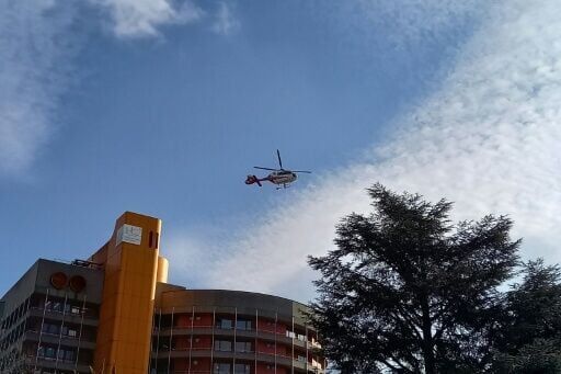 A helicopter leaving the hospital in Sion, near Crans-Montana