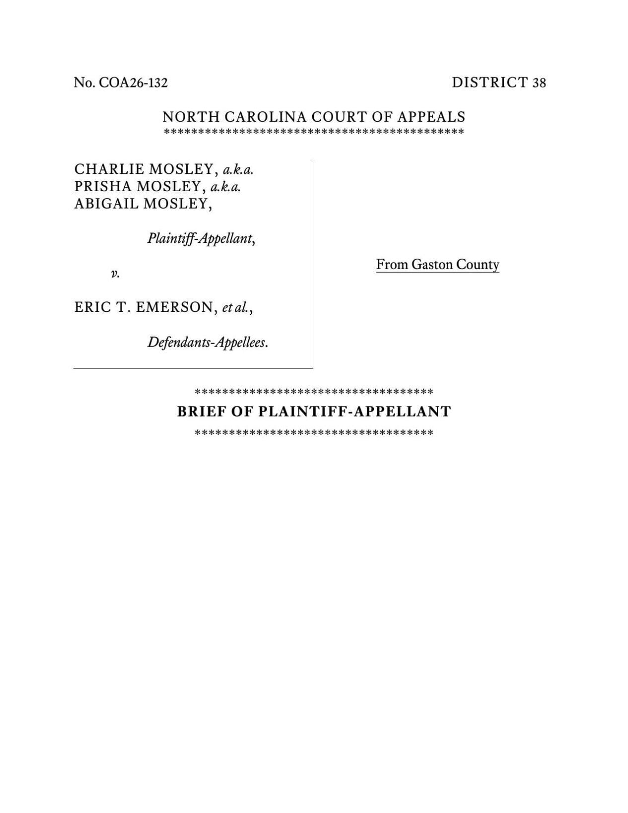 FNF - NC - Lawsuit Mosley v Emerson Plaintiff Appeal NCCOA April 13
