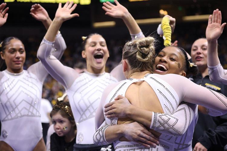 Mizzou sophomore Kaia Tanskanen, left, hugs Mizzou freshman