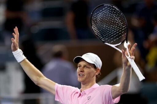 World number two Jannik Sinner of Italy celebrates defeating fourth-ranked Alexander Zverev of Germany to reach the ATP Miami Open final