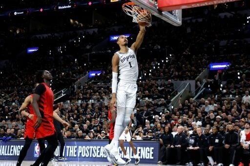 San Antonio Spurs star Victor Wembanyama delivers a dunk in the Spurs' series-clinching victory over the Portland Trail Blazers in the first round of the NBA playoffs