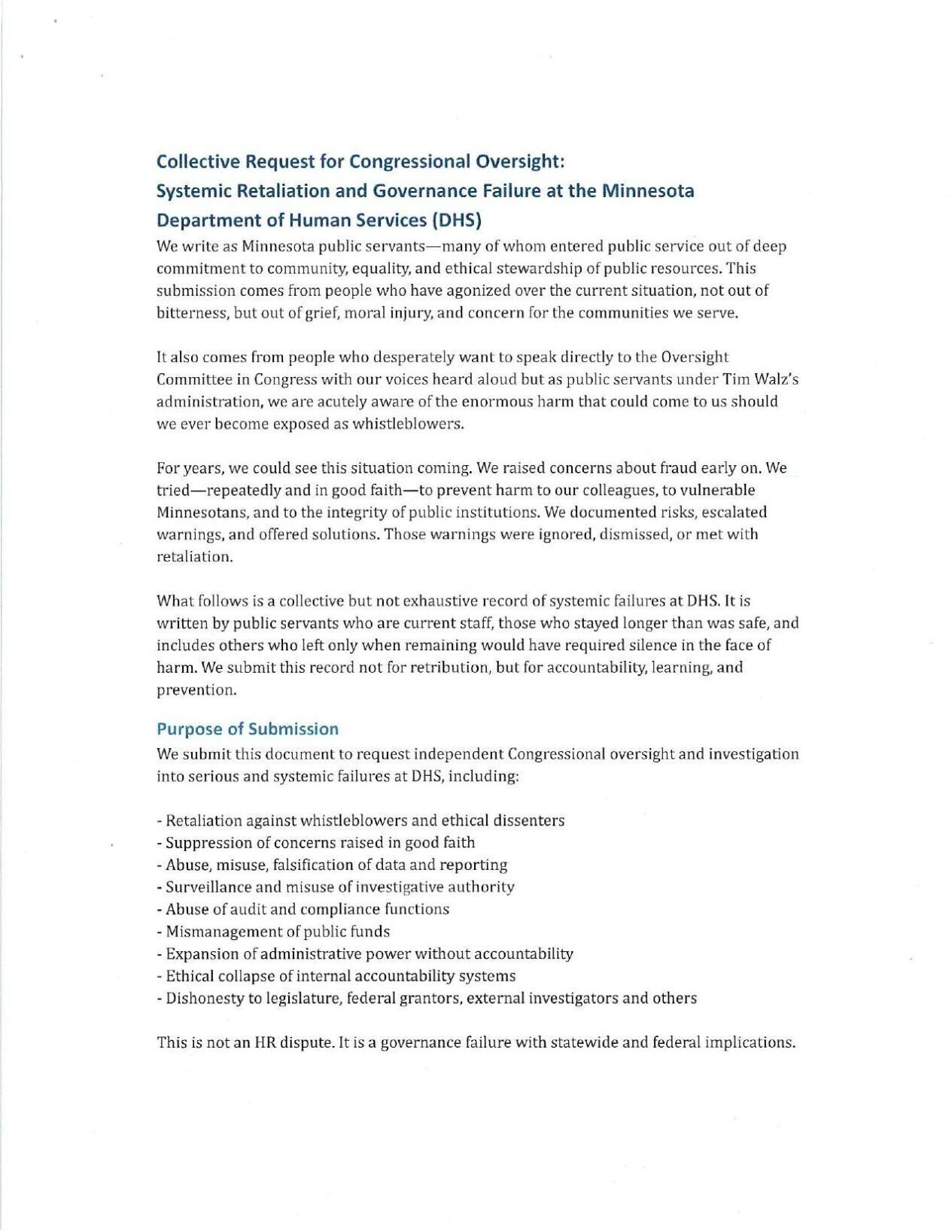 Minnesota whistleblower letter