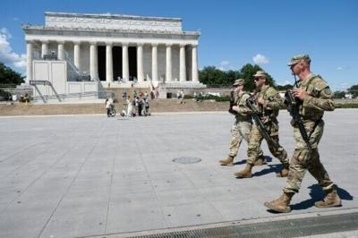 National Guard troops on patrol near the Lincoln Memorial in Washington