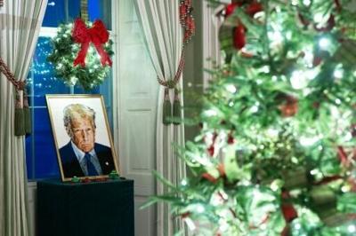 A portrait of US President Donald Trump made out of Lego is among this year's White House Christmas decorations