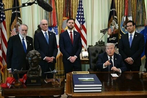 US Ambassador to Israel Mike Huckabee, Israel Ambassador to US Yechiel Leiter, US Vice President JD Vance and US Secretary of State Marco Rubio listen as US President Donald Trump speaks during a meeting with the Lebanese and Israeli ambassadors