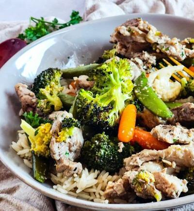 Honey garlic pork loin and vegetables