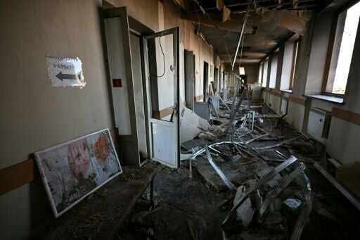 A children's clinic damaged in recent shelling, in Rusian-controlled Donetsk, near where Nchama ihas been fighting