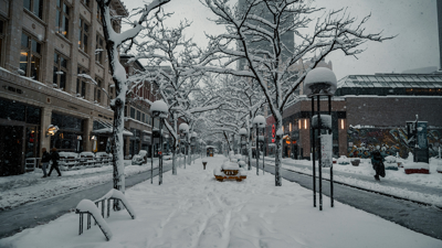 Downtown street during a snowstorm