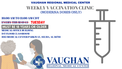 Vaughan Regional Medical Center offering Moderna vaccine tomorrow, 2nd doses on Sept. 21