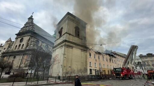 Emergency services battle fire after daytime drone strike on Ukraine's Lviv