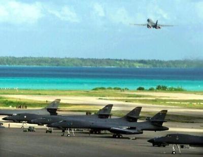 A US Air Force B-1B bomber takes off from the Diego Garcia military base in 2001