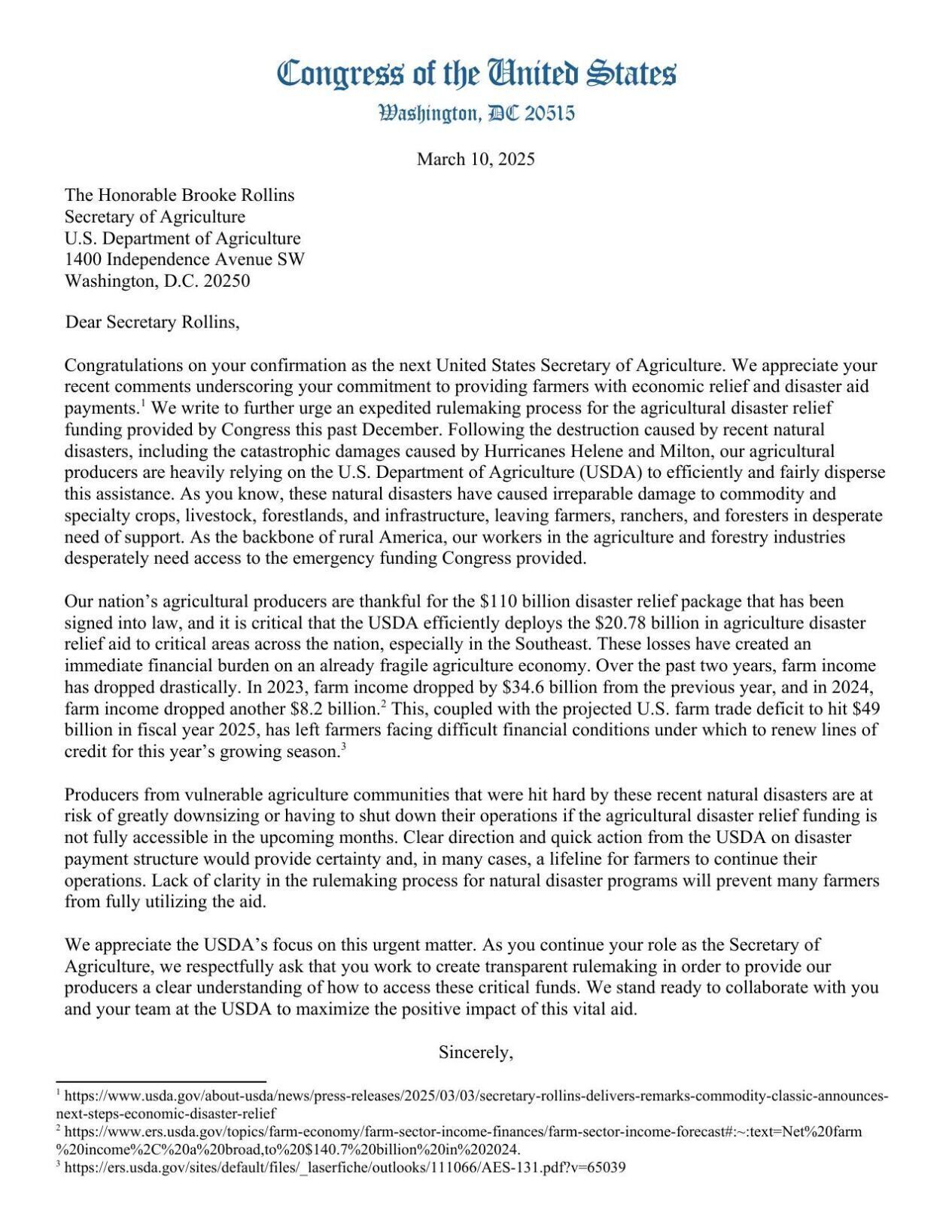 Southern congressmen request expedited rules on $20.78B agriculture aid