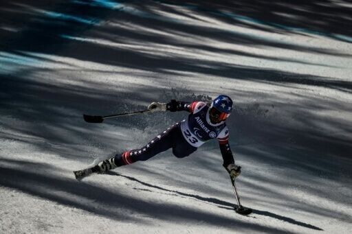 Halgren, pictured here on March 7, won silver at the men's standing super-G