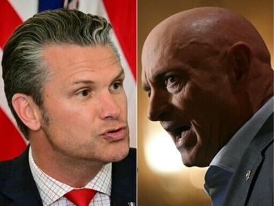 US Defense Secretary Pete Hegseth (L) and US Senator Mark Kelly (R), a Democrat from Arizona, have clashed repeatedly in public comments