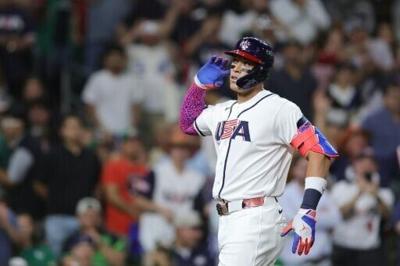 Aaron Judge gestures to the crowd after his two-run home run set the USA on the road to a 5-3 win over Mexico at the World Baseball Classic in Houston