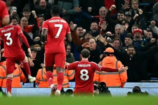 Nottingham Forest midfielder Elliot Anderson celebrates his goal in the 2-2 draw against Manchester City