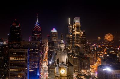 Philadelphia skyline with fireworks on 4th of July. Photo by Elevated Angles (2)