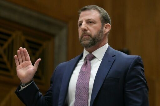 Senator Markwayne Mullin, President Donald Trump's nominee to be secretary of Homeland Security, being sworn in for his Senate confirmation hearing