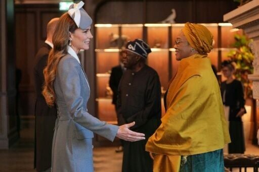 Britain's Prince William, Prince of Wales and Britain's Catherine, Princess of Wales greet Nigeria's President Bola Tinubu and his wife Oluremi Tinubu