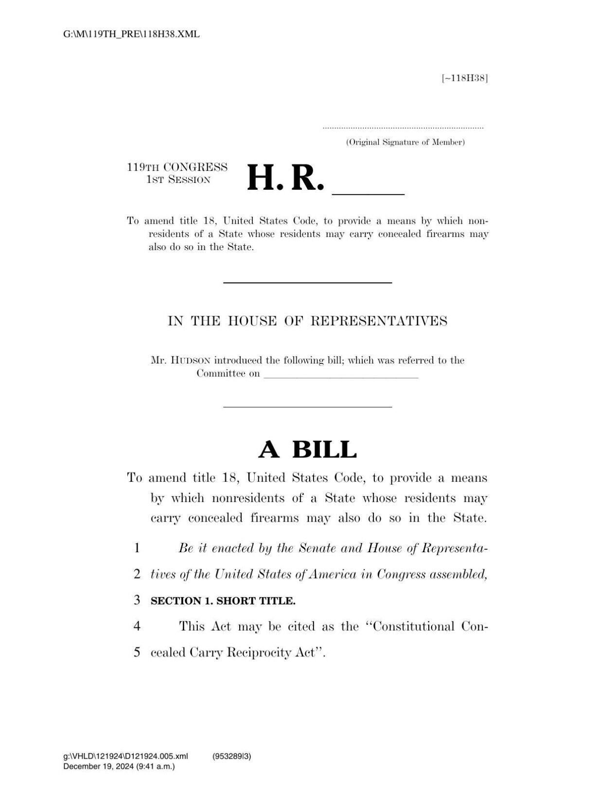 Concealed carry reciprocity, backed by Trump, in U.S. House proposal