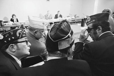 Legionnaires wait to testify before a special congressional inquiry in November 1976 into the cause of the mysterious disease.
 Bettmann/Bettman Collection via Getty Images