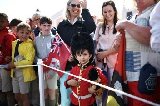 Theo Godfrey, aged four, dressed like a guardsman in a red tunic and imitation bearskin hat