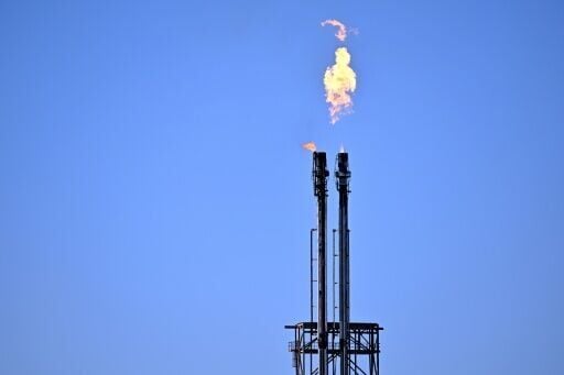 This photo shows excess gas being burnt off at the Viva Oil Refinery in Geelong on April 16, 2026 following an overnight fire