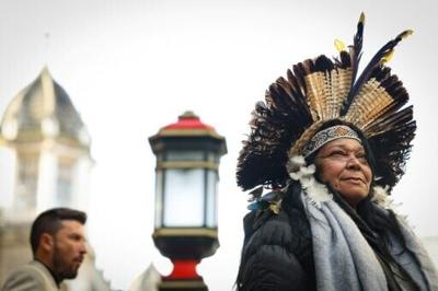 Marilda Lyrio de Oliveira, an Indigenous leader from the area affected by the 2015 Mariana mine dam disaster in Brazil, is pictured outside Britain's High Court in London