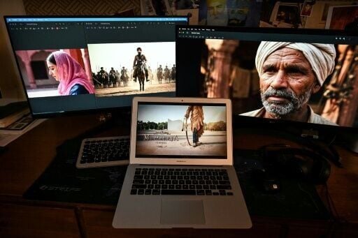 Visuals from Maharaja in Denims, a book adaptation being developed as one of the world's first full-length AI-generated realism films, displayed on computers