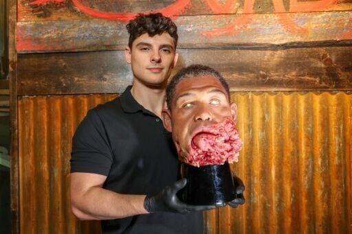 US makeup artist Mike Fontaine poses with the prosthetic piece for the character Cornbread in 'Sinners'