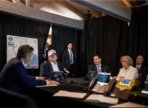 This official White House photograph shows US President Donald Trump (2L), US Secretary of State Marco Rubio (3R) and White House Chief of Staff Susie Wiles (2R) monitoring activity related to Operation Epic Fury against Iran from an unnamed location
