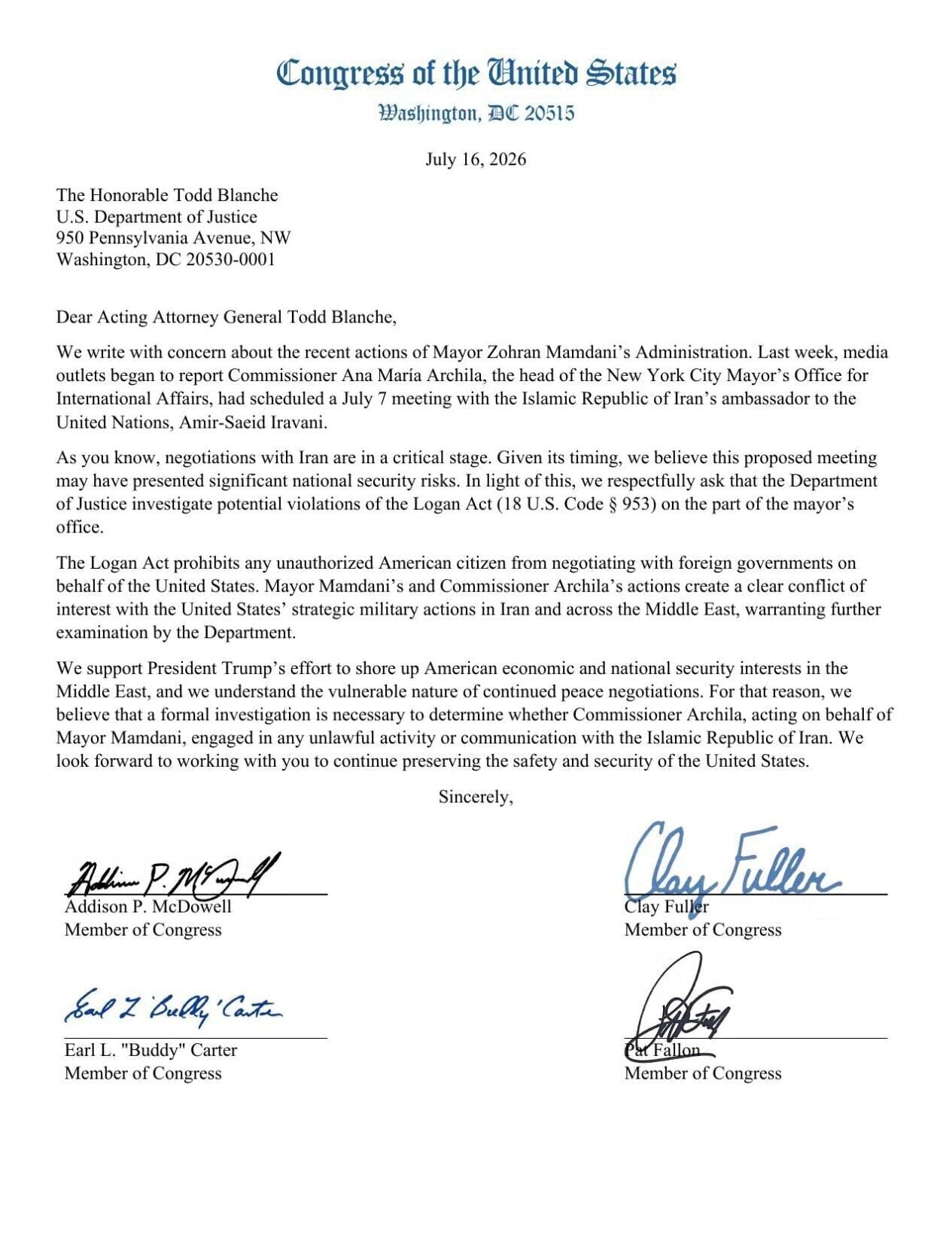 FNF - NC - McDowell Letter To Blanche Mamdani