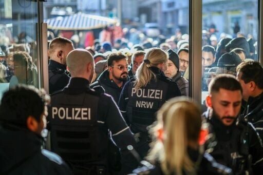 Police stand guard at the bank branch as concerned bank customers wait outside