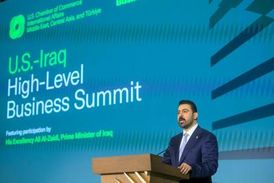 Iraqi Prime Minister Ali al-Zaidi speaks at the U.S. Iraq Business Summit at the U.S. Chamber of Commerce on July 17, 2026, in Washington. 
 AP Photo/Rod Lamkey, Jr.