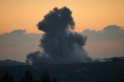 Smoke rises from the site of an Israeli airstrike that targeted the Lebanese village of Kfar Tibnit on Wednesday