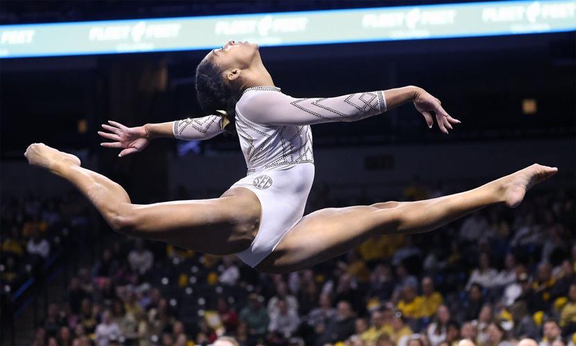 Mizzou sophomore Railey Jackson leaps during her floor