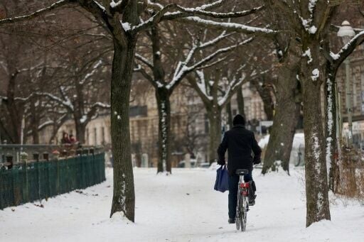 A cyclist makes his way through fresh snow on the banks of the Landwehr canal in Berlin