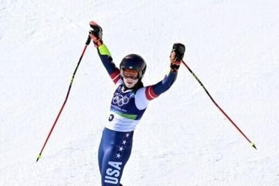 Mikaela Shiffrin reacts in the finish area after the second run of the giant slalom