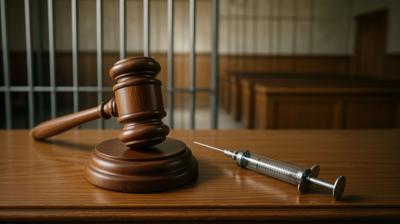 Gavel and syringe on courtroom table symbolizing death by lethal injection with sodium thiopental for capital punishment, justice decision, law enforcement, and ethical legal execution concept