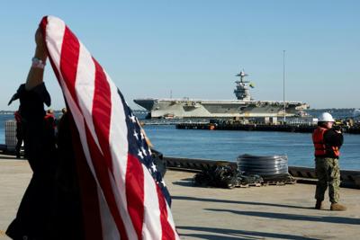 The aircraft carrier USS Gerald R. Ford arrives on May 16, 2026, in Norfolk, Va.