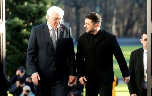 German President Frank-Walter Steinmeier welcomes Ukraine's Zelensky at the Bellevue Palace in Berlin