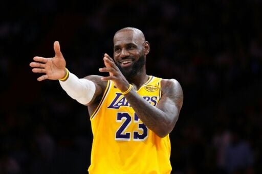 Los Angeles Lakers superstar LeBron James reacts during the Lakers' NBA victory over the Miami Heat