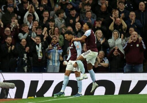 Aston Villa's Morgan Rogers (L) and Ollie Watkins celebrate during their Europa League win over Bologna