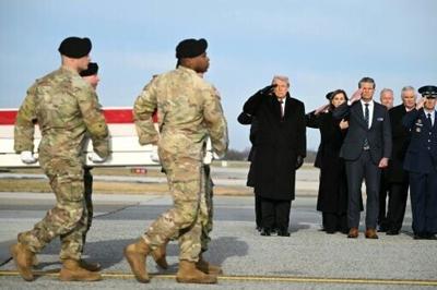 US President Donald Trump, Pentagon chief Pete Hegseth and other officials attend a ceremony marking the return of the bodies of three Americans killed in Syria