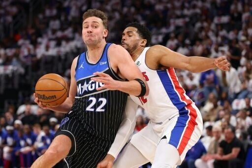 Franz Wagner of the Orlando Magic drives around Tobias Harris of the Detroit Pistons in Pistons' win over the Magic in game two of their NBA Eastern Conference first-round playoff series
