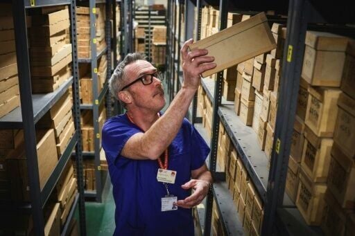 Consultant gastroenterologist Kevin Monahan looks through boxes of bowel cancer specimens at St Mark's hospital, west London, a unique record taken from patients over the past century