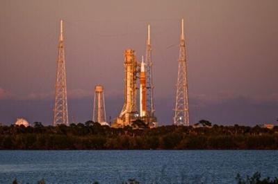 The Space Launch System (SLS) rocket and the Orion spacecraft, integrated for the Artemis II mission, are seen at Launch Pad 39B at the Kennedy Space Center in Cape Canaveral, Florida