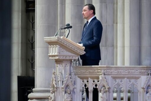 Actor Leonardo DiCaprio speaks during funeral services for Jane Goodall, the chimpanzee expert and environmentalist, at the Washington National Cathedral