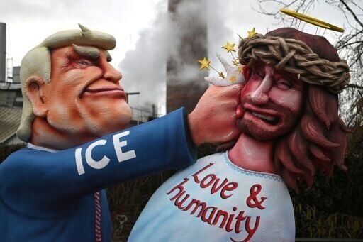 US President Donald Trump (L) features in a German carnival float as a heavy-handed ICE immigration agent
