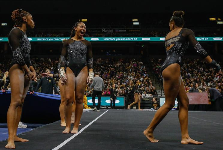 From left, Mizzou gymnasts Hannah Horton, Kennedy Griffin, and Kimarra Echols
